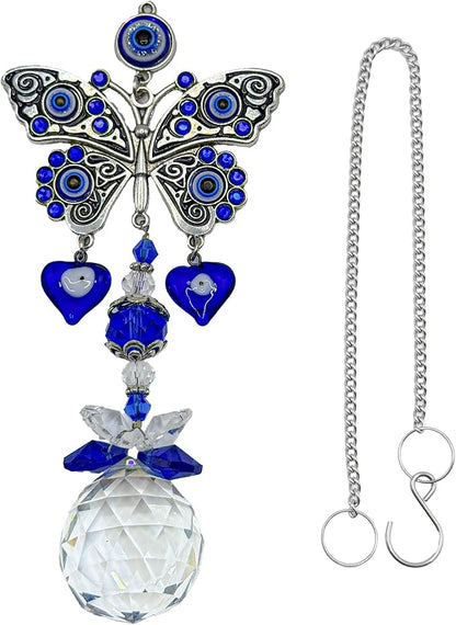Crystal Suncatcher for Windows - Hanging Prism Sun Catchers with Crystal Balls&Blue Eye, Rainbow Maker for Home、 Garden、Car Decor (Butterfly)