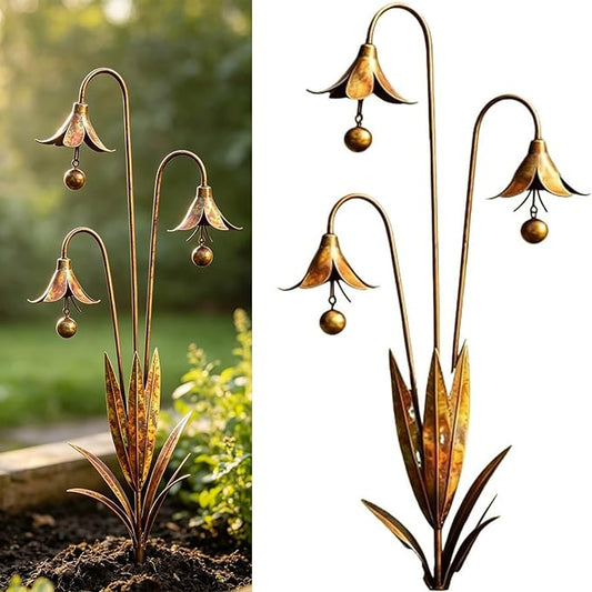 Triple Bluebells Garden Stake, Metal Garden Decor for Outside with Bells, Metal Flower Garden Stakes for Walkways, Patios & Lawn, Metal Flowers Outdoor Decor, Flower Yard Statue Art Decor