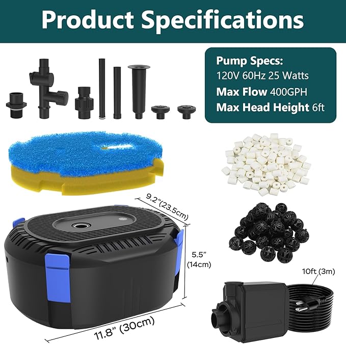AquaMiracle Pond Filter with Pump Fountain Kits | 400GPH Pond Filter with Pond Pump & Fountain Kit | 3 Spray Patterns | Water Feature | Koi Pond Filters for Outdoor Ponds 200-350 Gal