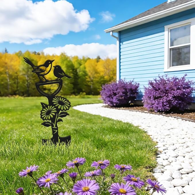 SUPERDANT Metal Garden Stake Bird Flower Silhouette Matte Black Powder Coated Iron Yard Art Decorative Plant Lawn Patio Courtyard Farmhouse Decoration Gift