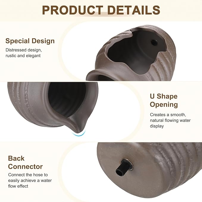 M METERXITY Ceramic Garden Fountain Spitter, Clay Pot Ecological Tank for Pond/Backyard Water Feature/Cave Waterfall/Landscaping, DIY Water Flow Jar Hydroponic Vase [5.5in, Vintage Brown]