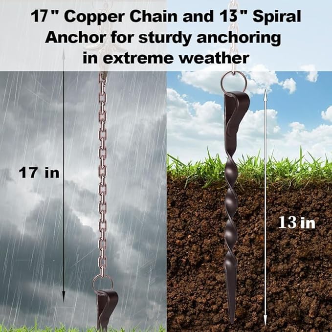 Rain Chain Anchor Stake for Copper Gutter Chains, 30'' Powder Coated Iron Downspout Chains Anchoring, Universal Fit Outside Rain Catcher System Accessories, Replacement for Basin and Barrel in Spring.