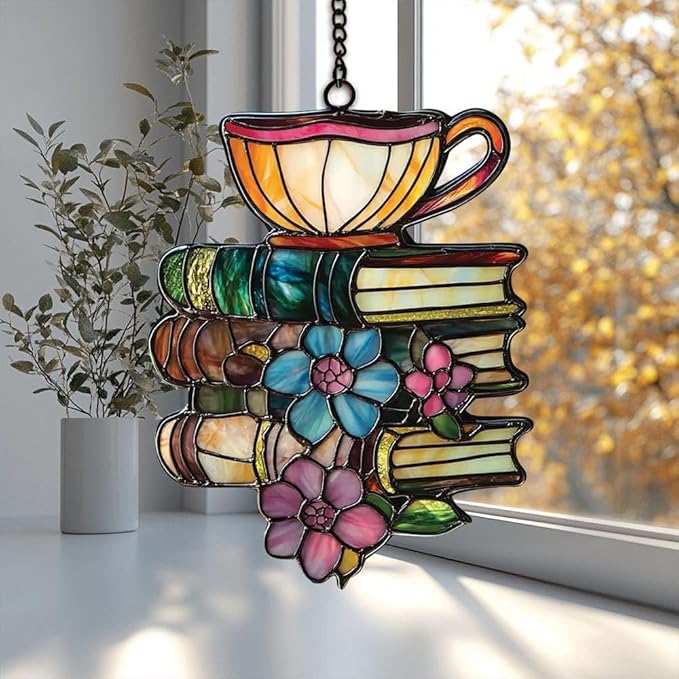 Flower Books Tea Acrylic Suncatcher Window Hanging Bookish Book Lover Housewarming Decor Gift