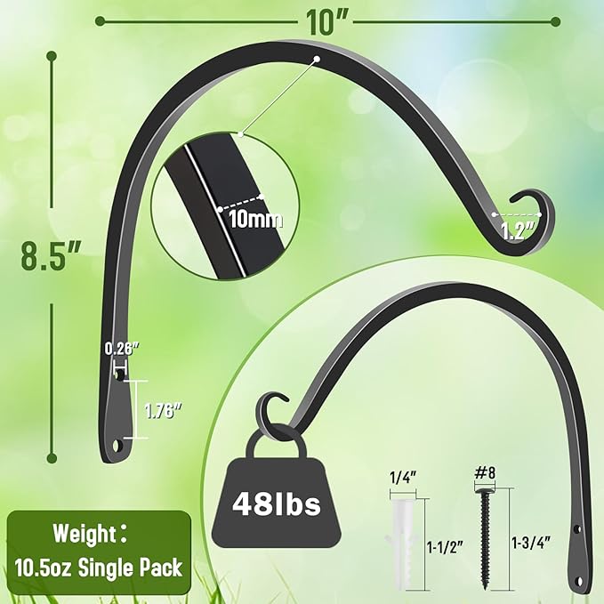 FEED GARDEN 2 Pack 10 Inch Hanging Plant Bracket Wall Hooks Decorative Plant Hangers for Outdoor Hanging Bird Feeders, Wind Chimes, Plant Baskets, Black