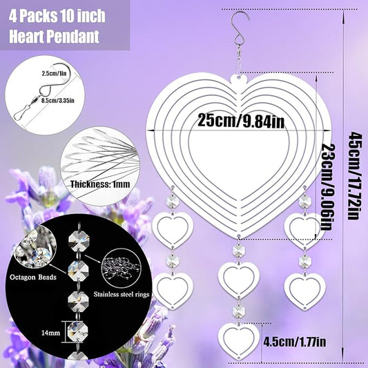 4Pack 10inch Sublimation Wind Spinner Blanks 3D Aluminum Metal Wind Sculpture Kinetic Spinners for Yard and Garden Indoor Art Ornaments Hanging Decoration (Heart Pendant)