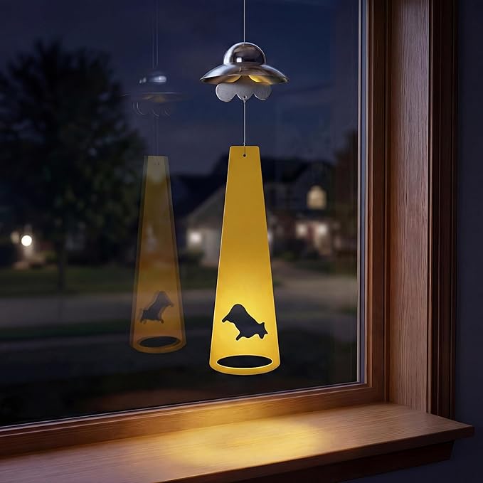 Funny Metal UFO Spaceship Wind Chime with Summoning Card Quirky Sci-Fi Hanging Decor for Bedroom & Study, Novelty Alien Gift for Teens & UFO Lovers, Unique Indoor Ornament (Cow)