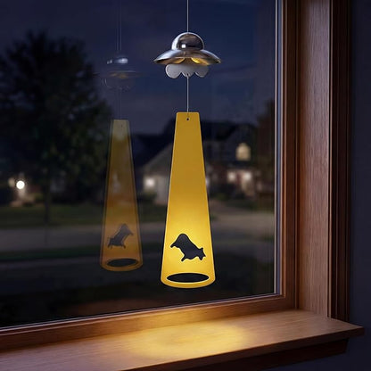 Funny Metal UFO Spaceship Wind Chime with Summoning Card Quirky Sci-Fi Hanging Decor for Bedroom & Study, Novelty Alien Gift for Teens & UFO Lovers, Unique Indoor Ornament (Cow)