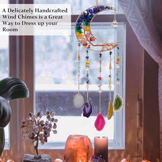 7 Chakra Crystal Wind Chimes, Moon Shaped Dream Catcher, Sun Catchers, Healing Crystal Decor, Reiki, Feng Shui Metal Art Wall Decor for Room, Bedroom, Home, Unique Gifts for Women for Good Luck