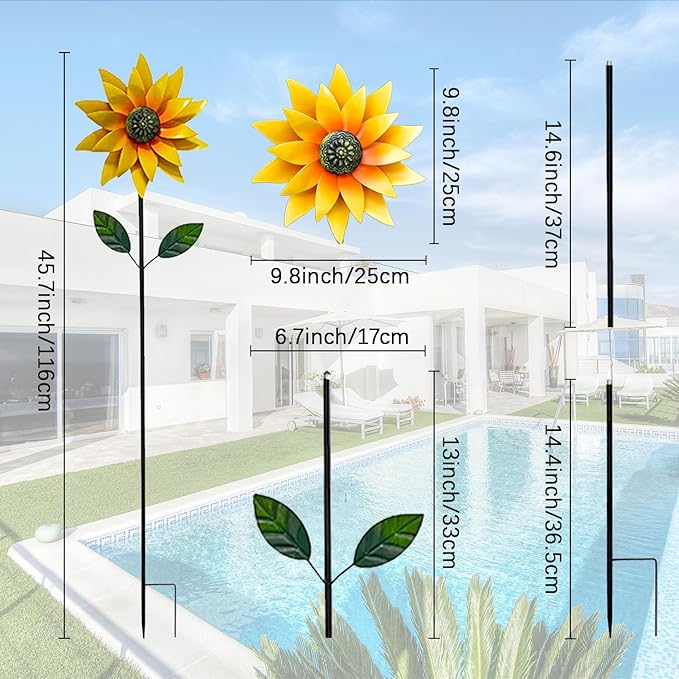 Sunflower Wind Spinner Outdoor, Metal Wind Sculptures with Stake, Outdoor Windmill Flower Pinwheels Decorations for Yard Garden Lawn Patio Decor 46 * 10 inchs