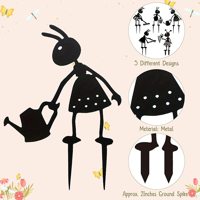 CUweipeng Metal Garden Stakes Decorative - 5Pcs Funny Working Farm Ant Garden Decor Black Metal Humor Art Yard Stake Animal Outdoor Decoration for Pathway Lawn Garden Backyard Birthday Gift Party #B