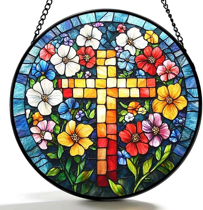 Funoasis Stained Glass Window Hanging 6.3 Inches Suncatcher - A Cross Surrounded by Flowers Ornaments Sun Catcher Home Decor Women Birthday
