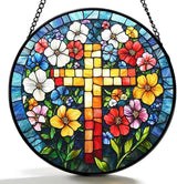 Funoasis Stained Glass Window Hanging 6.3 Inches Suncatcher - A Cross Surrounded by Flowers Ornaments Sun Catcher Home Decor Women Birthday