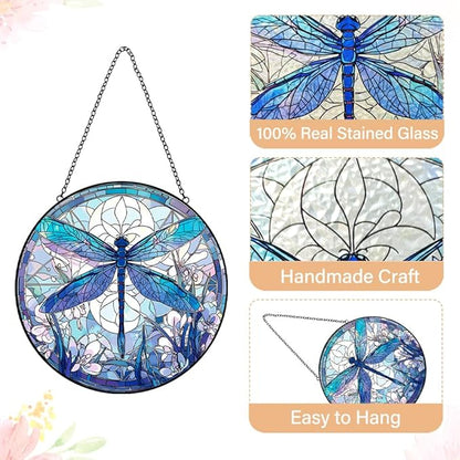 Dragonfly Decor Suncatcher Stained Glass Window Hanging - Handmade Dragonflies Suncatchers for Windows Hanging - Home Garden Sun Catchers Ornament Panel - Mothers Day Birthday Gift for Mom Grandma