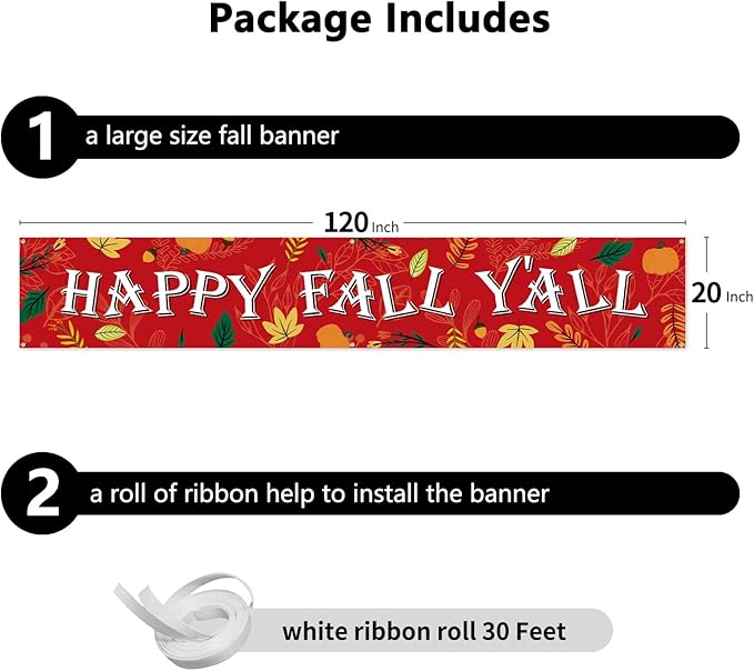 Probsin Happy Fall Banner 120"x 20" Decorations Outdoor Thanksgiving Decor Autumn Party Supplies Maple Leaves Happy Fall Y'all Holiday Harvest Welcome Hanging Backdrop for Garden Fence Yard Lawn Porch