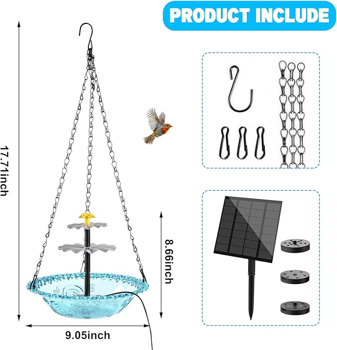 Hanging Solar Bird Bath Fountain, 3 Layers Outdoor Cascading Bird Bath with Solar Pump, 3 Nozzles & Blue Glass Bowl, Attracts Wild Birds for Garden, Backyard, Pergola