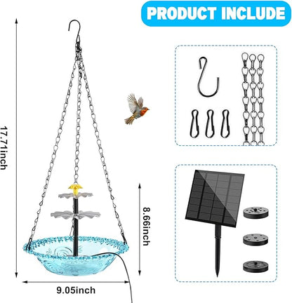 Hanging Solar Bird Bath Fountain, 3 Layers Outdoor Cascading Bird Bath with Solar Pump, 3 Nozzles & Blue Glass Bowl, Attracts Wild Birds for Garden, Backyard, Pergola