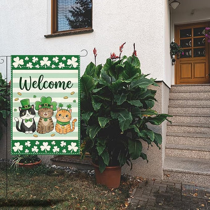 Cat Welcome St Patricks Day Garden Flag Lucky Shamrock Irish March Garden Flag St Patricks Day Double Sided Outdoor House Flag for Outside Yard Decorations 12×18 Inch