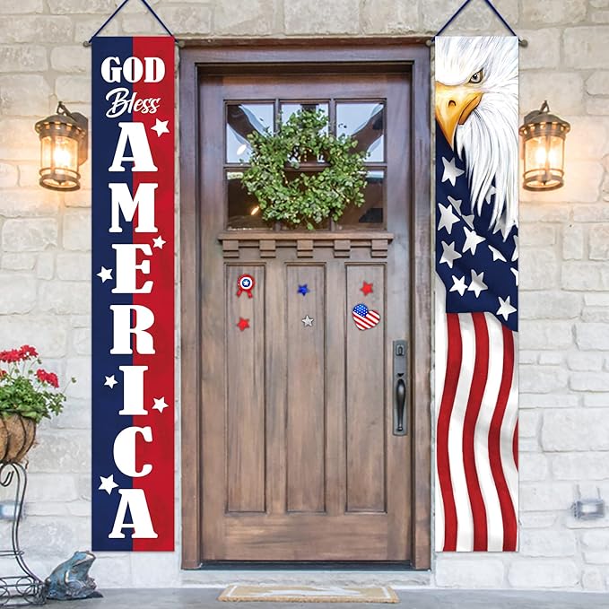 Deroro 4th of July God Bless America Patriotic Eagle Porch Banner Sign, Memorial Day American Flag Stars Stripe Front Door Decorative Hanging Welcome Banner, USA Decoration Home Outdoor Yard Decor