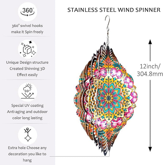 Aoedelyart Wind Spinners Outdoor Mandala Lucky Star,Laser Cut Metal Kinetic Art Wind Spinner Gift for Christmas,12In Stainless Steel Hanging Yard&Garden 3D Wind Sculpture Decorations Indoor Spinners