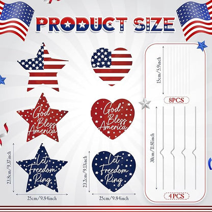 RattanView 6 Pack Outdoor 4th of July Yard Signs Stars and Heart Front Porch Decor with Stakes Red White Blue Lawn Sign Flower Pot for Garden Patio Lawn Independence Day Patriotic Party Decorations
