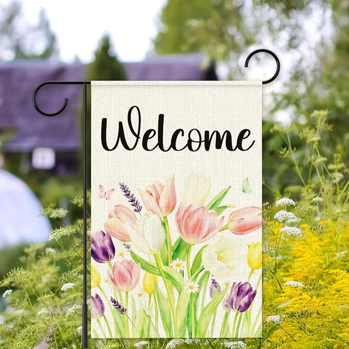Spring Tulip Welcome Garden Flags for Outside,Welcome Spring Yard Flag for Lawn Porch Outdoor Spring Theme Decorations 12x18 Inch Double Sided