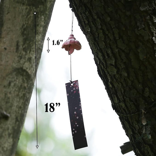 Japanese Wind Chime Cast-Iron Outdoor Ornament for Garden, Patio & Balcony, Hanging Metal Wind-Bell Decoration Gift, Blessing Pendant Windchimes & PVC Wind-Catcher, Cherry Blossom Petals