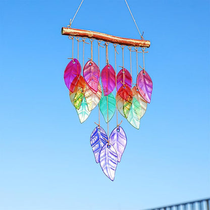 Glass Wind Chimes Suncatcher for Outside,23" Colorful Glass Leaf Wind Chimes Outdoor,Crystal Hanging Wind Chime for Home,Garden,Patio and Yard Decor