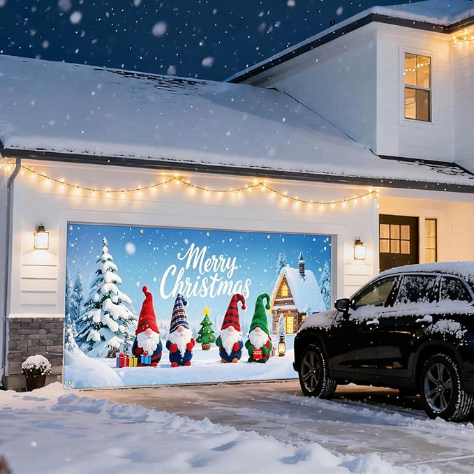 IVN Christmas Garage Door Cover Decoration 13x6ft Gnomes with Snowy Cottage and Pine Trees Merry Christmas Garage Door Banner Home Door Front Yard Decor for Xmas Eve Holiday Outdoor