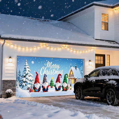 IVN Christmas Garage Door Cover Decoration 13x6ft Gnomes with Snowy Cottage and Pine Trees Merry Christmas Garage Door Banner Home Door Front Yard Decor for Xmas Eve Holiday Outdoor