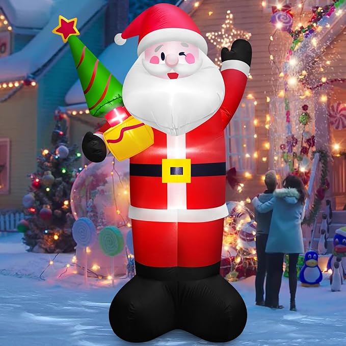 8 FT Tall Giant Santa Inflatable Christmas Decorations Outdoor Tree Blowups, Funny Cute Xmas Blow Up Yard Decoration Build-in LED Lights & Tethers Stakes Winter Holiday Indoor Party Garden Lawn Decor