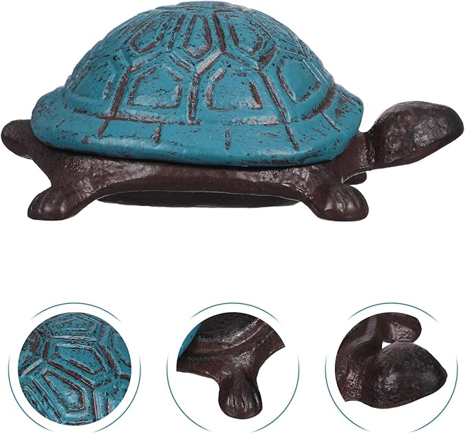 GLEAVI Cast Iron Turtle Key Hider Box Outdoor Garden Statue Hidden Extra Key Holder Sea Blue Vintage Tortoise Trinket Box for Patio Yard