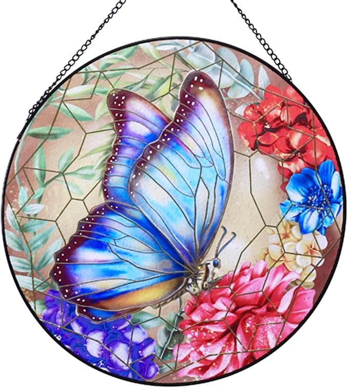 RIVEENY Stained Glass Butterfly Window Hanging, 10" Sun Catcher Gift for Women, Glass Ornament Window Decor for Garden Butterfly Lovers