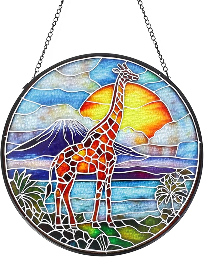 Giraffe Stained Glass Window Hanging Suncatcher with Chain - 7.9" Outdoor/Indoor Art Decor for Home Garden, Thanksgiving, Wedding, Mother's, Valentine's & Christmas Ornaments Present Gifts