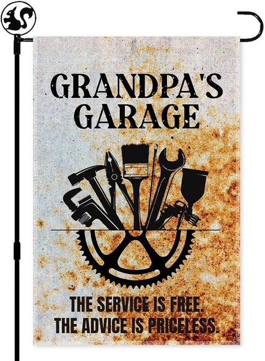 Grandpa's Garage Garden Flag, Double Sided Farmhouse Outdoor Lawn Decor Yard Flags Gifts for Grandpa, Vintage Garage Wall Decor Garage Signs Gifts for Dad Woodworking Cabinet Maker Mechanic