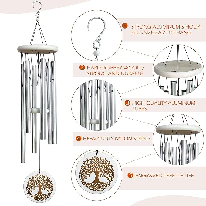 Wind Chimes Tree of Life for Loss of Loved One,33" Memorial Windchimes for Clearance,Sympathy Gift,Housewarming Gift,Listen to The Wind Chimes for Garden,Patio Decoration(Silver)