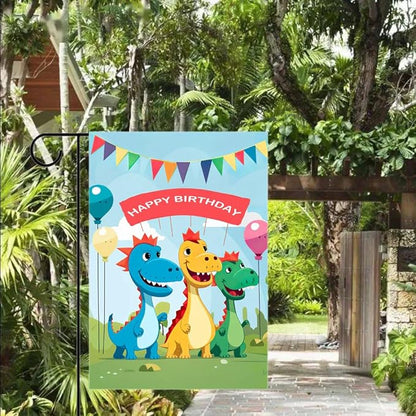 Gkyygk Dinosaur Happy Birthday Garden Flag 12 x 18 Inch Double Sided Welcome Banners Farmhouse Holiday Outside Decor Burlap Yard Flag