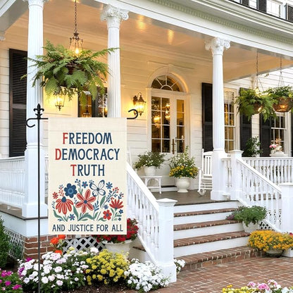 Freedom Democracy Truth and Justice for All Garden Flag, 12 x 18 Inch Double Sided Floral Outdoor Patio Garden Decor, Patriotic Yard Banner for Civic Engagement Advocate 4th of July Homeowner