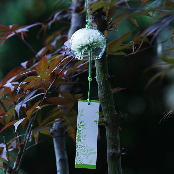 Japanese Wind Chime Glass Outdoor Ornament for Garden, Patio & Balcony, Hanging Wind-Bell Decoration Gift, Blessing Pendant Windchimes & PVC Wind-Catcher, Green Flower