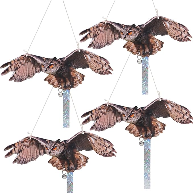 4Pack Fake Owls Double-Sided Owl Reflectors Fake Hawk, Reflective Hanging Owl Decoration, Flat Barn Swallow Deterrent Hawk with Reflective Tape for Indoor Outdoor Garden,Yard