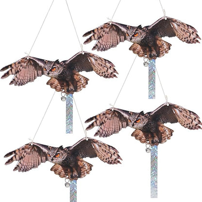 4Pack Fake Owls Double-Sided Owl Reflectors Fake Hawk, Reflective Hanging Owl Decoration, Flat Barn Swallow Deterrent Hawk with Reflective Tape for Indoor Outdoor Garden,Yard