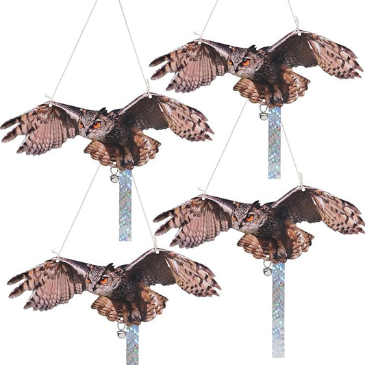 4Pack Fake Owls Double-Sided Owl Reflectors Fake Hawk, Reflective Hanging Owl Decoration, Flat Barn Swallow Deterrent Hawk with Reflective Tape for Indoor Outdoor Garden,Yard