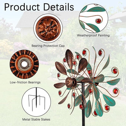 DREAMSOUL Metal Wind Spinners Outdoor, Double Wind Spinner with 5 Stable Stake, Kinetic Spinners for Yard and Garden (63 * 13 Inches)