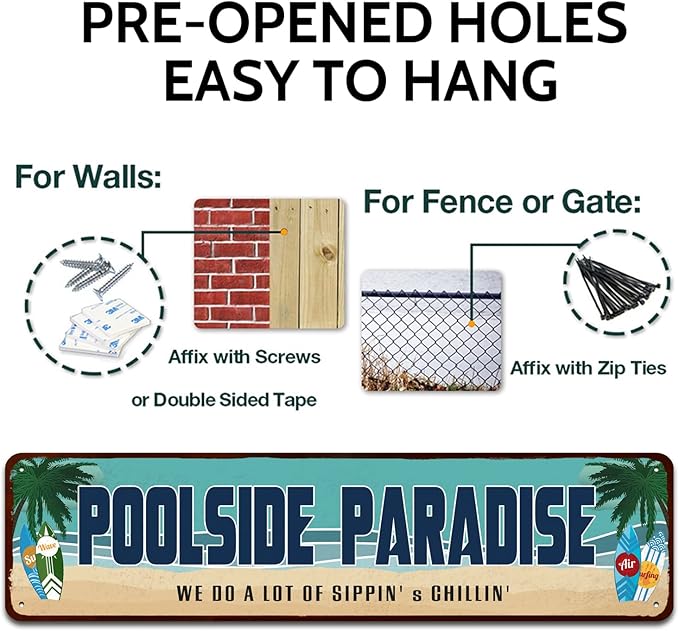 Poolside Paradise Rustic Looking Metal Sign Outdoor Pool Hot Tub Tiki Backyard Sign Gift 4" by 16