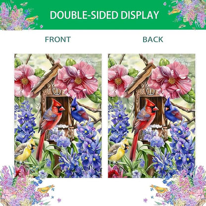 Spring Cardinal Bird House Flag 28x40 Inch Double Sided for Outside, Colorful Floral Large Burlap Yard Flag for Farmhouse Holiday Outside Outdoor Decorations