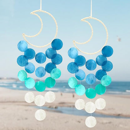 2 Pack Capiz Wind Chimes for Outside, Outdoor Seashell Hanging Beach Coast Ocean Home Decorative, Unique Natural Shell Waterfall Windchimes for Summer Patio, Great Memorial Gift（Gradient Blue