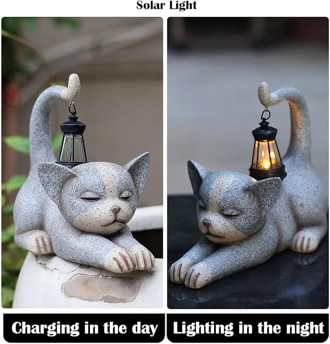 Solar Garden Statue, Cute Resin Animal Figurine with Solar Lantern Outdoor Decor for Patio Lawn Yard Pathway, Unique Housewarming Birthday Gift for Mom and Grandma (Cat)
