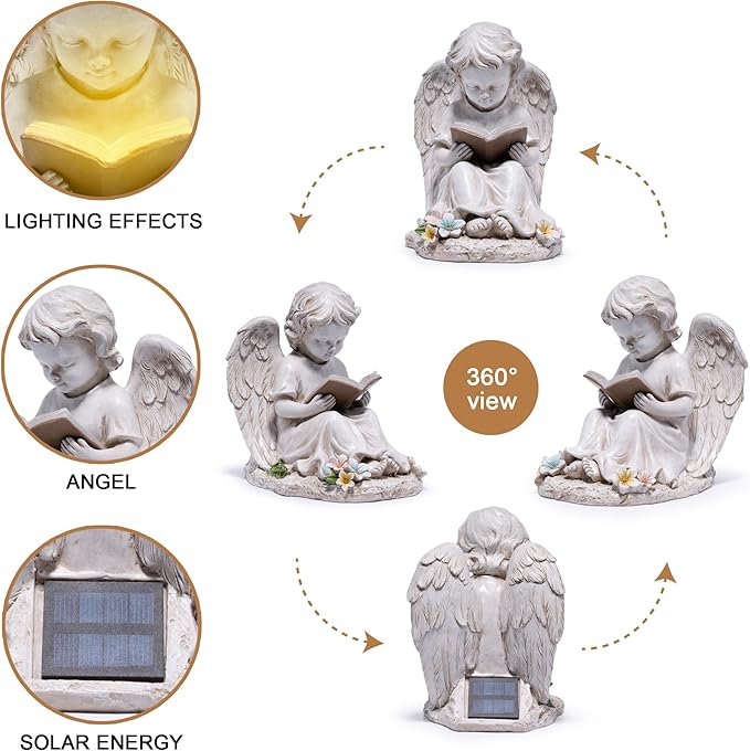 basen Solar Angel Garden Statue with LED Lighted Book, Resin Outdoor Guardian Angel Figurine, Waterproof Lawn Yard Patio Decor, Memorial Sympathy Sculpture for Porch Backyard Gift