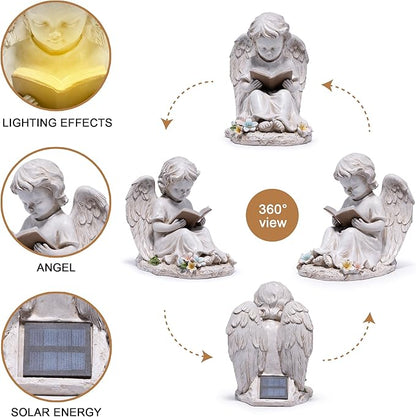 basen Solar Angel Garden Statue with LED Lighted Book, Resin Outdoor Guardian Angel Figurine, Waterproof Lawn Yard Patio Decor, Memorial Sympathy Sculpture for Porch Backyard Gift