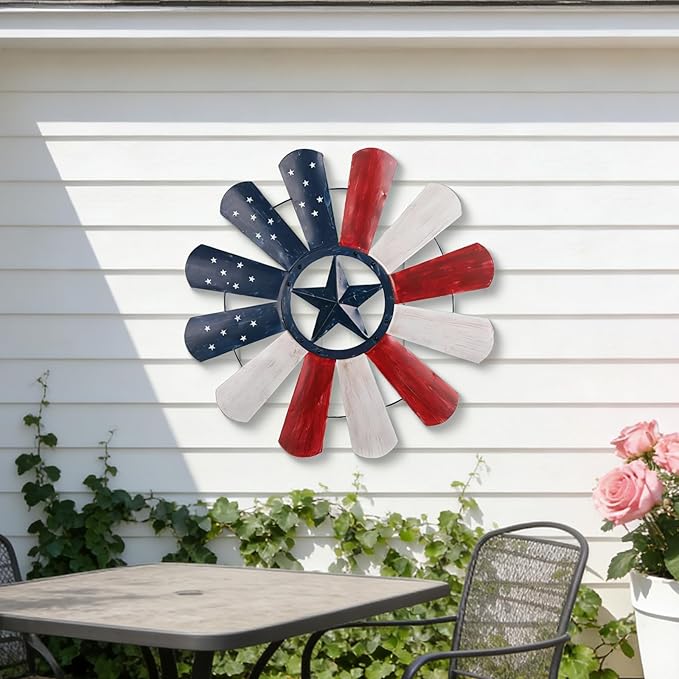 JJALIGHTS 23" Windmill Wall Decor, Patriotic American Flag Metal Wall Art with Texas Star, 4th of July Indoor Outdoor Decorations for Farmhouse Porch Garden Patio Fence Home