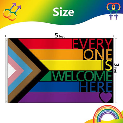 Pride Flags 3x5 Ft Everyone is Welcome Here Pride Decorations Outdoor Hanging LGBTQ Rainbow Gay Porgress Pride Flag Party Supplies for Indoor Outdoor Garden,Lawn,Yard, Parade Decor